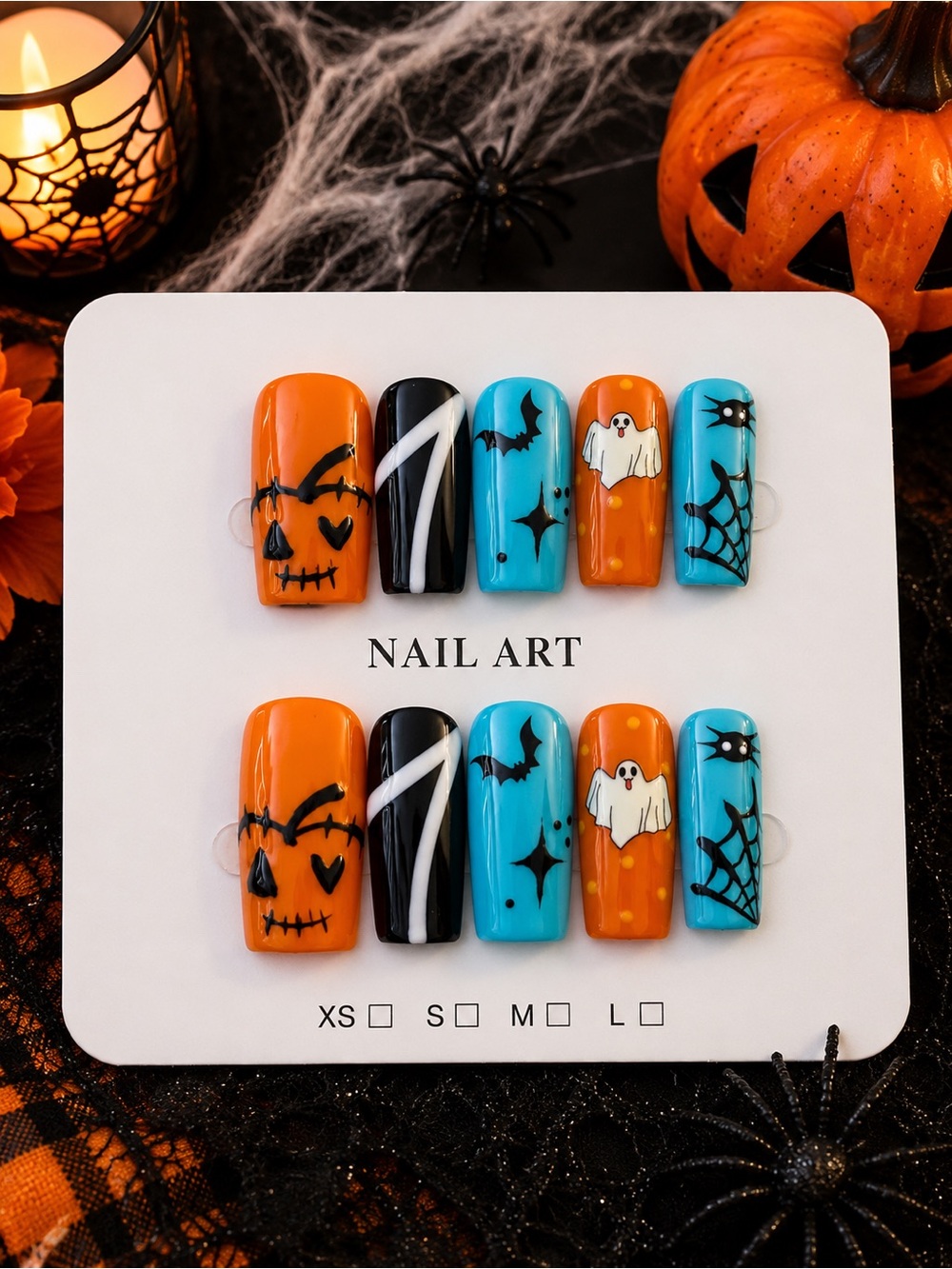🎃👻 Halloween Ghost, Bat & Spiderweb Press-On Nails 💅🏽